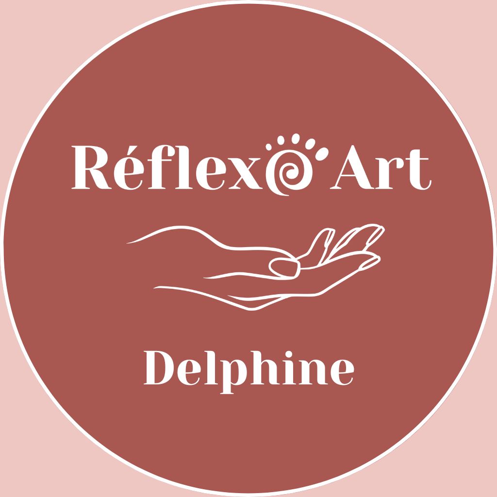 Illustration du Logo Réflexo Art Delphine en blanc sur fond Réflexologie
