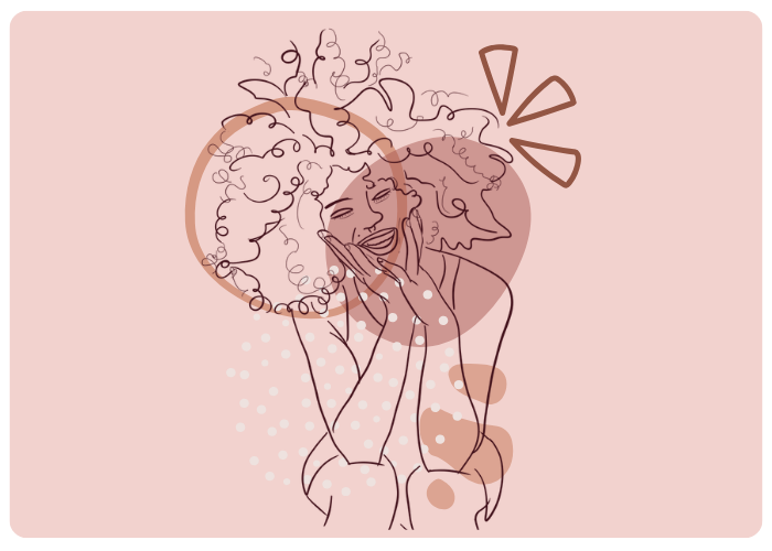 Illustration d'un portrait d'une femme assise souriante cheveux frisés avec des illustrations graphiques