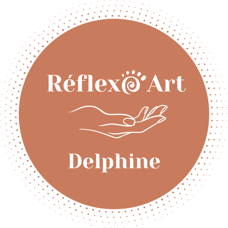 Représentation de mon logo Réflexo Art Delphine sur un cercle et des pointillés terracotta