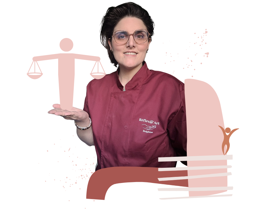 Photo montage auto portrait Réflexo Art Delphine avec illustrations bonhomme position balance justice bonhomme en joie bras levés