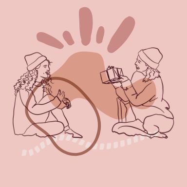 Illustration de deux femmes s'offrant des cadeaux