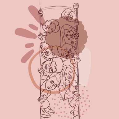 Illustration de personnes sortant leurs têtes d'une porte , témoignages de joie après une séance de réflexologie