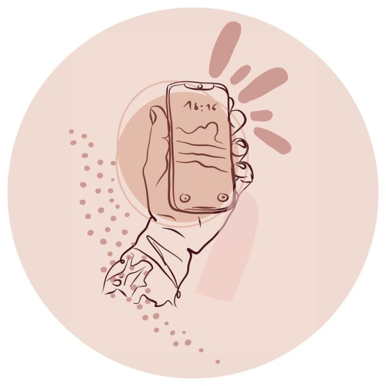 Illustration d'une main tenant un téléphone pour prendre contact pour une séance de réflexologie