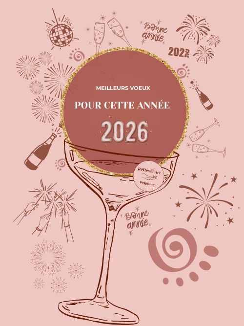 Illustrations réalisée par Réflexo Art Delphine pour souhaite les meilleurs voeux 2026. Illustations coupe de chambre avec une bulle dedans sur laquelle il y a noté "Meilleurs vœux pour cette année 2026", tout au tour de multiples illustrations sur le thème de la fête